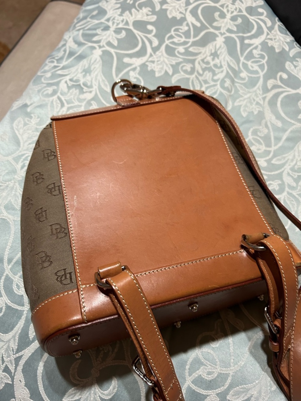 Dooney & Bourke Tan Leather and Olive Canvas Backpack